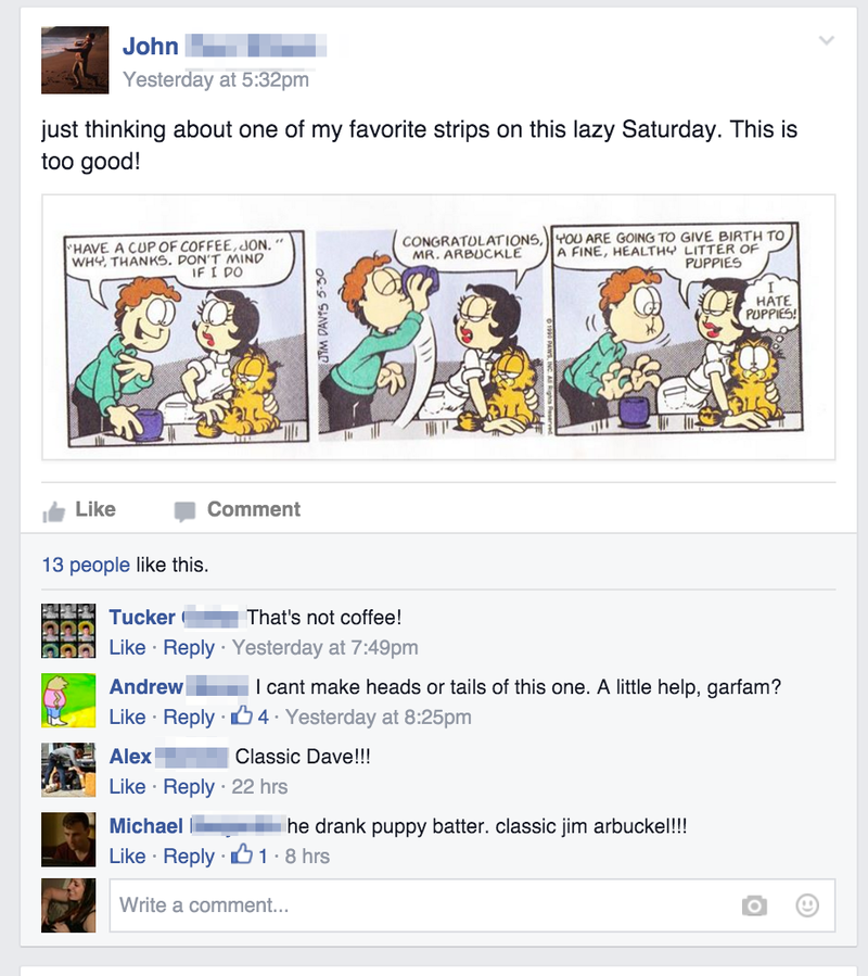 Illustration for article titled This Private Garfield Facebook Group Is the Last Irony-Free Place on the Internet